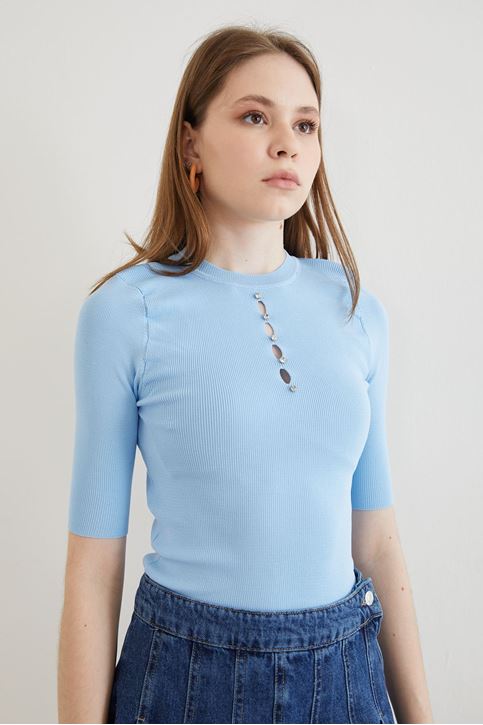 Önü Taşlı Bluz-Mavi