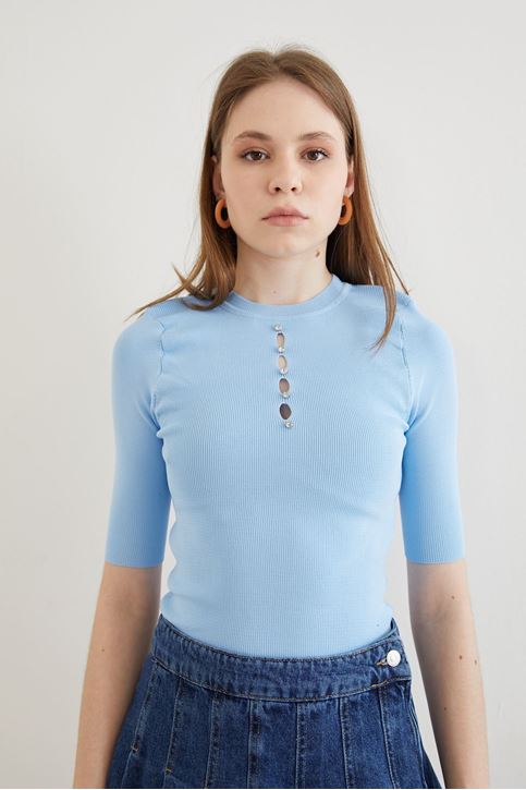 Önü Taşlı Bluz-Mavi