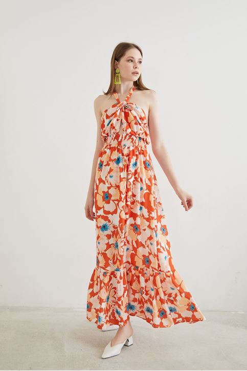 Çiçek Desen Elbise-Oranj