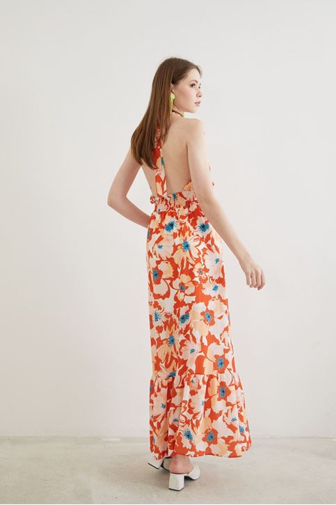 Çiçek Desen Elbise-Oranj