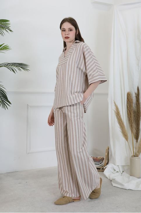 V Yaka Keten Takım-Bej