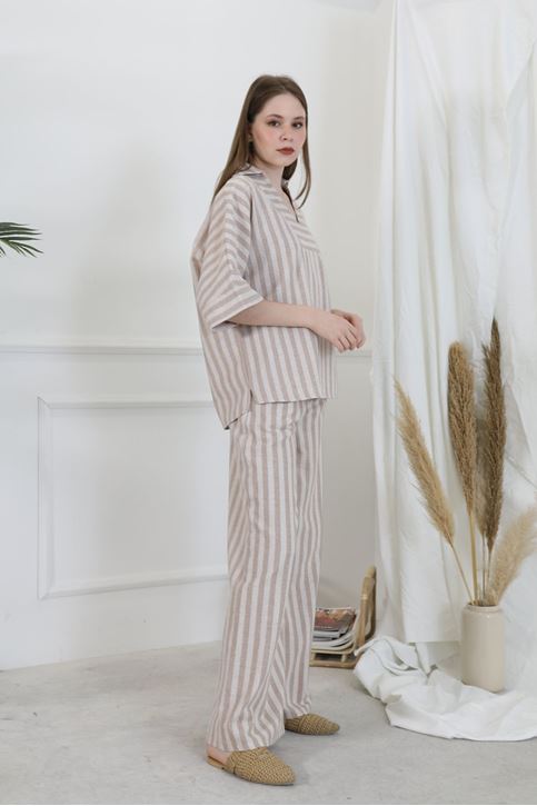 V Yaka Keten Takım-Bej