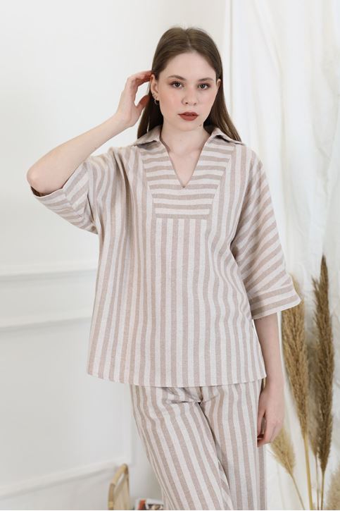 V Yaka Keten Takım-Bej