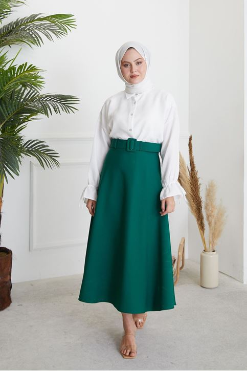 Kemerli Kloş Etek-Zümrüt Yeşili