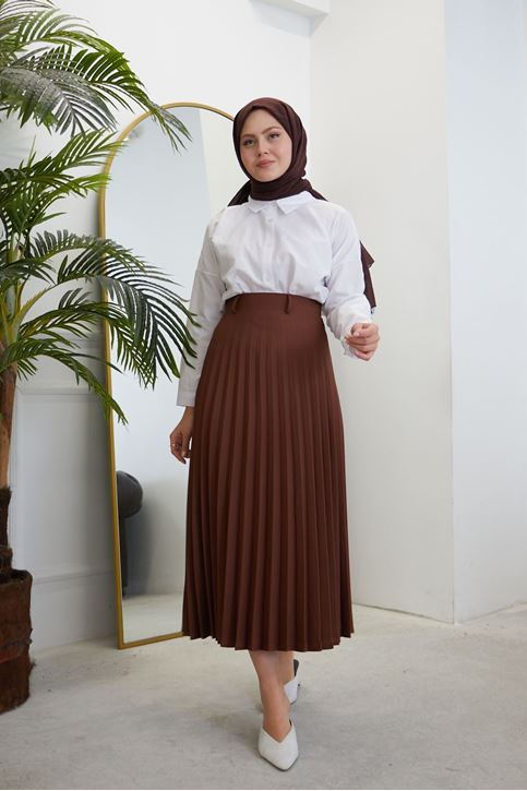 Kadın Soley Pilise Detaylı Yazlık Uzun Tesettür Etek-Kahve
