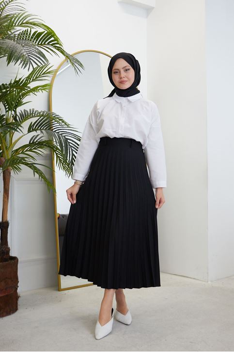 Kadın Soley Pilise Detaylı Yazlık Uzun Tesettür Etek-Siyah