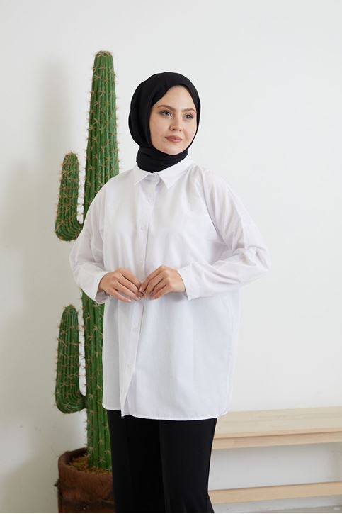 Düğmeli Poplin Gömlek-Beyaz