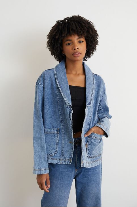 Önü Cepli Yakalı  Kot Ceket-Mavi