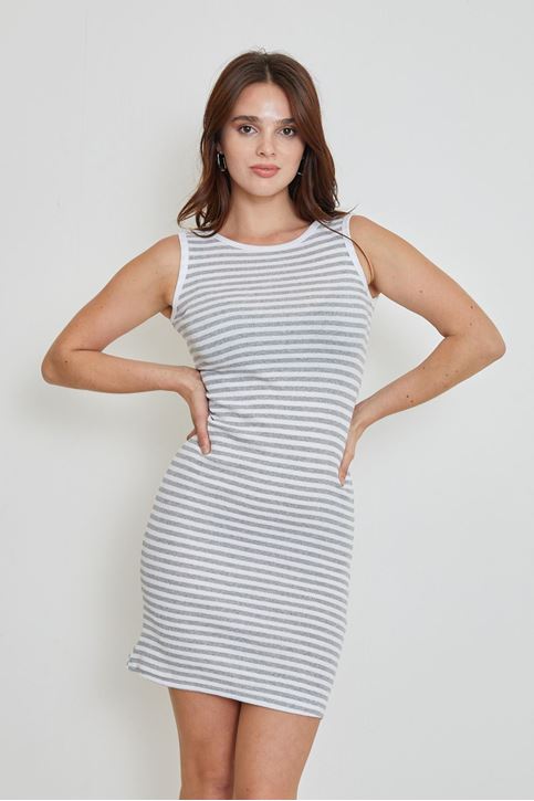Kalın Askılı Çizgili Elbise-Gri