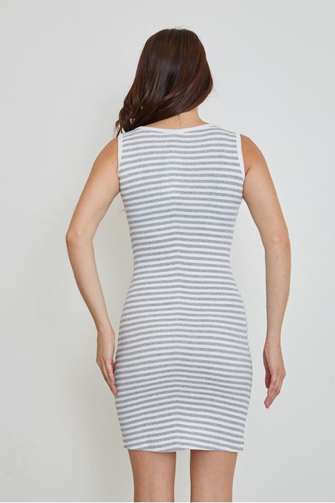 Kalın Askılı Çizgili Elbise-Gri