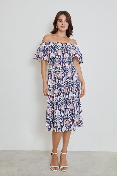 Madonna Yaka Desenli Elbise-Lacivert