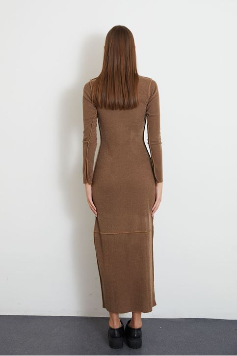 Eteği Yırtmaçlı Uzun Triko Elbise-Hardal