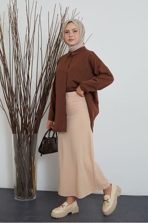 Kadın Fermuarlı Kalem Etek-Bej