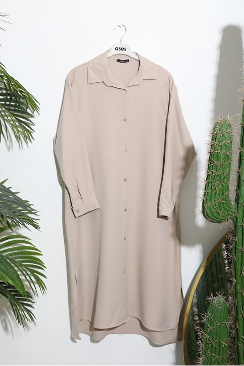 Kadın Düğme detaylı Gömlek Yaka Full Boydan Düğmeli Rahat Kalıp Uzun Tesettür Tunik-Taş