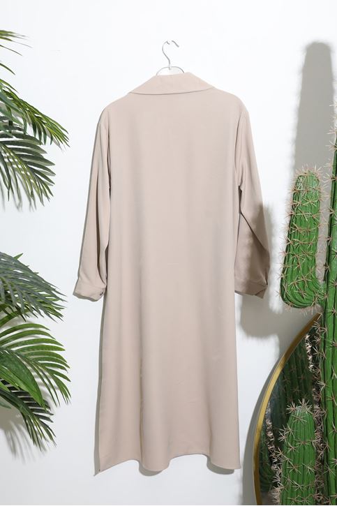 Kadın Düğme detaylı Gömlek Yaka Full Boydan Düğmeli Rahat Kalıp Uzun Tesettür Tunik-Taş