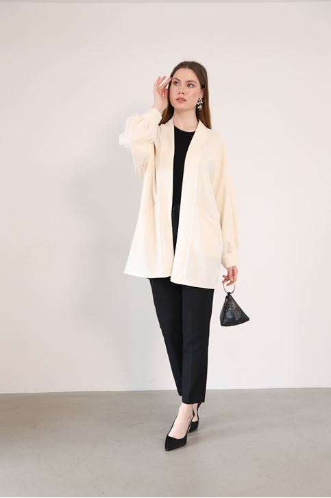 Cep Detay Atlas Hırka-Krem