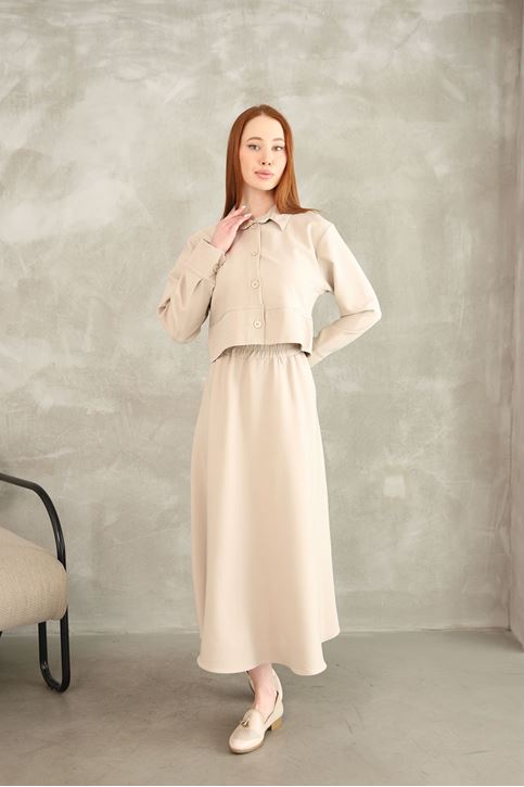 Sıralı Dikiş Detay Etekli Takım-Taş