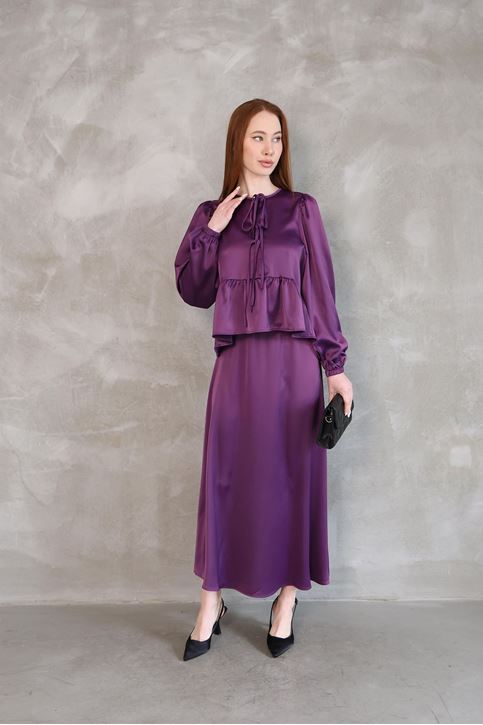 Yaka Biye Detay Etekli Takım-Mor