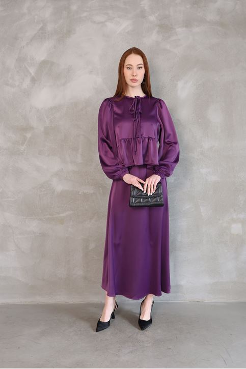 Yaka Biye Detay Etekli Takım-Mor