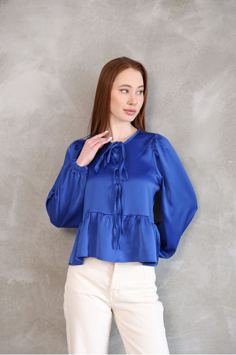 Yaka Biye Etek Büzgülü Tunik-Saks