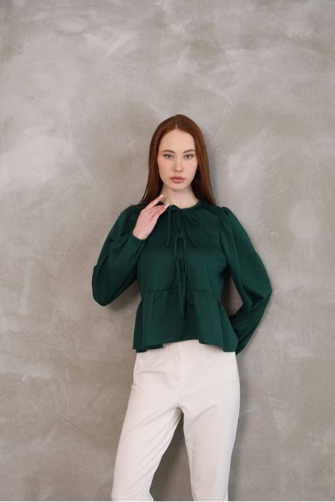 Yaka Biye Etek Büzgülü Tunik-Siyah