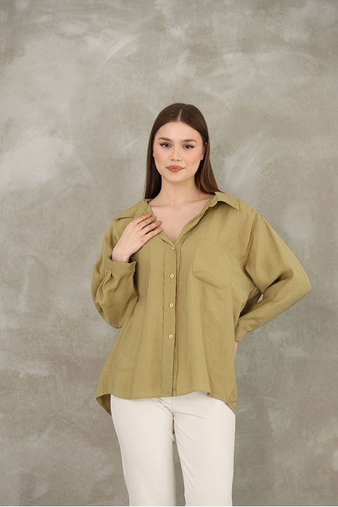 Çift Cep Dokuma Modal Tunik-YAĞ YEŞİLİ