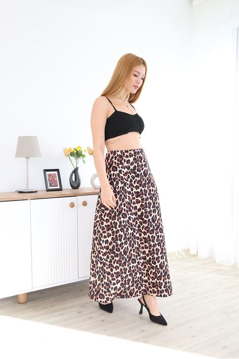 Kadın Beli Lastikli Leopar Desenli Etek-Karamel