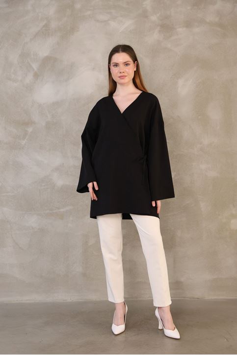 Yan Bağlamalı Atlas Tunik-Siyah
