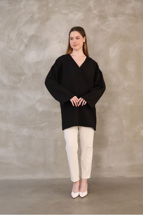 Yan Bağlamalı Atlas Tunik-Siyah