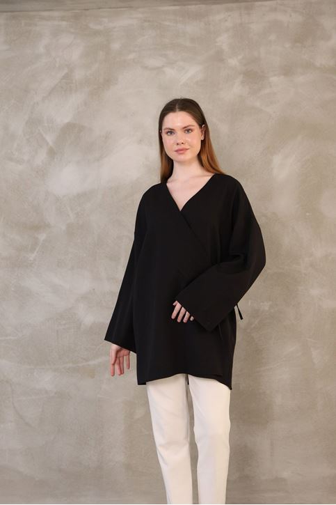 Yan Bağlamalı Atlas Tunik-Siyah