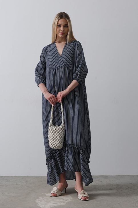 Çizgili Oversize V Yaka Elbise - Lacivert