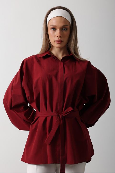 Bel Detaylı Gömlek - Bordo