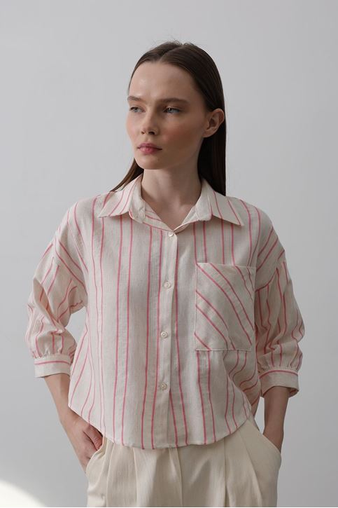 Çizgili Kısa Gömlek - Bej Pembe
