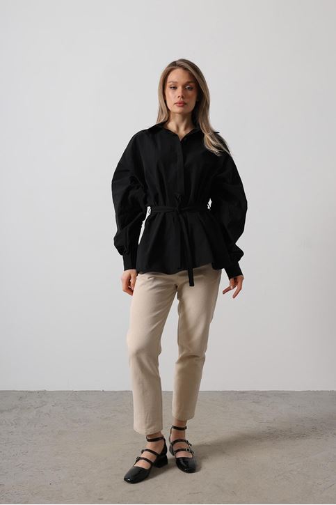 Bel Detaylı Gömlek - Siyah