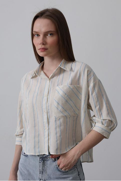 Çizgili Kısa Gömlek - Bej Mavi