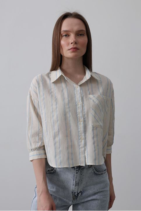 Çizgili Kısa Gömlek - Bej Mavi