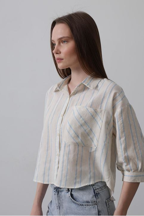 Çizgili Kısa Gömlek - Bej Mavi