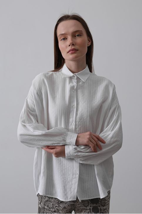 Çizgili Uzun Kol Gömlek - Beyaz