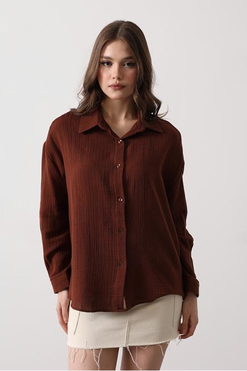 Müslin Uzun Kol Gömlek - Kahve