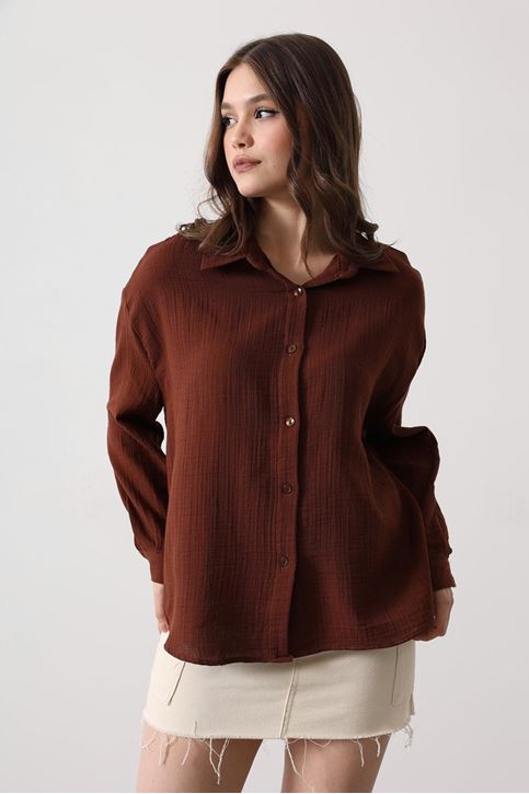 Müslin Uzun Kol Gömlek - Kahve