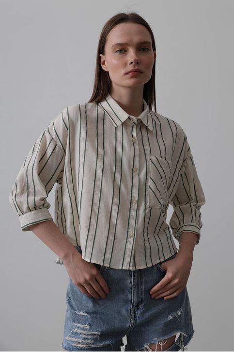 Çizgili Kısa Gömlek - Bej-Yeşil