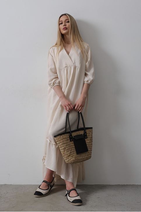 Çizgili Oversize V Yaka Elbise - Bej