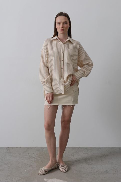 Tek Cep Çizgili Gömlek - Bej-Taba