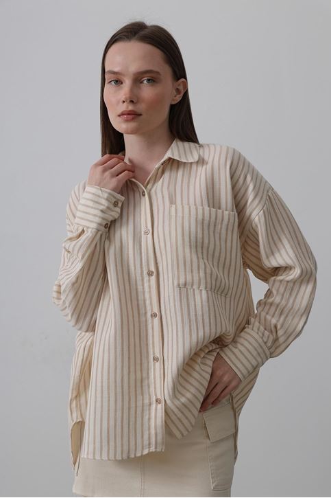 Tek Cep Çizgili Gömlek - Bej-Taba