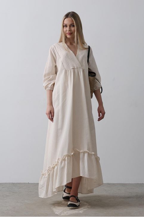 Çizgili Oversize V Yaka Elbise - Bej