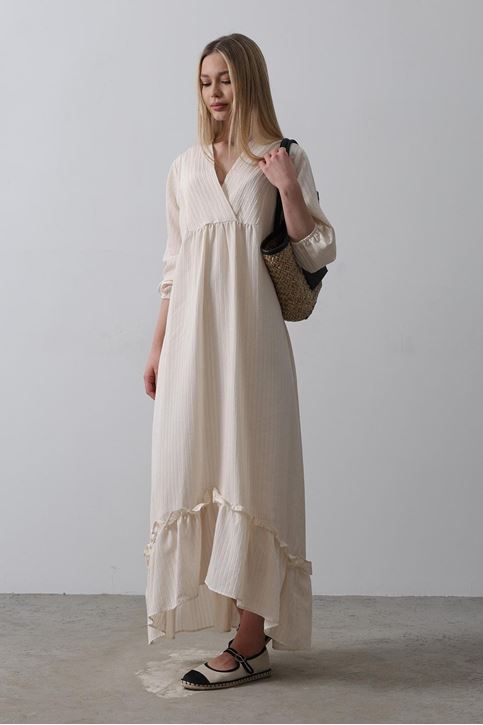 Çizgili Oversize V Yaka Elbise - Bej