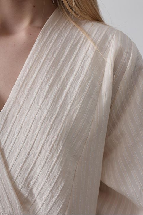 Çizgili Oversize V Yaka Elbise - Bej