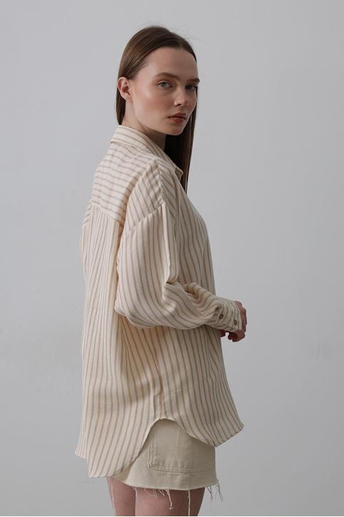 Tek Cep Çizgili Gömlek - Bej-Taba