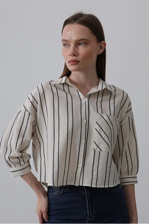 Çizgili Kısa Gömlek - Bej-Lacivert