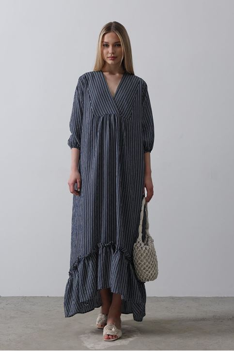 Çizgili Oversize V Yaka Elbise - Lacivert